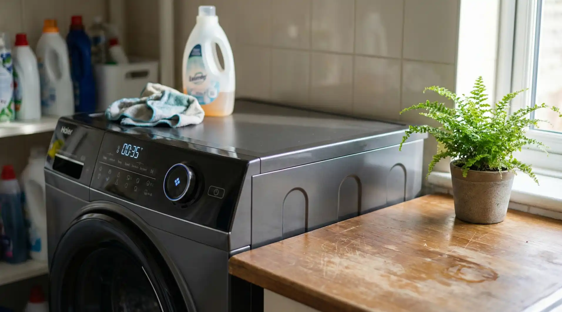 Mașina de spălat cu uscător Haier HWD80-B14959S8U1S văzută din lateral, evidențiind adâncimea slim de 46 cm și panoul digital