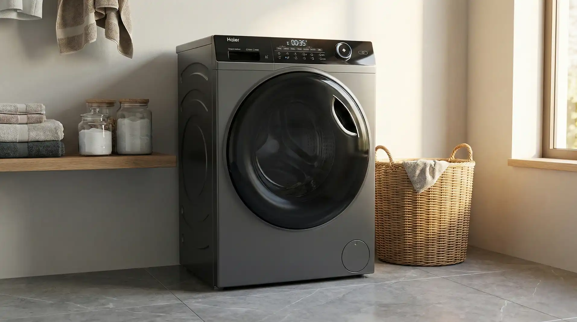 Mașină de spălat cu uscător Haier HWD80-B14959S8U1S în culoare gri antracit, cu hublou rotund și panou de comandă digital în partea superioară