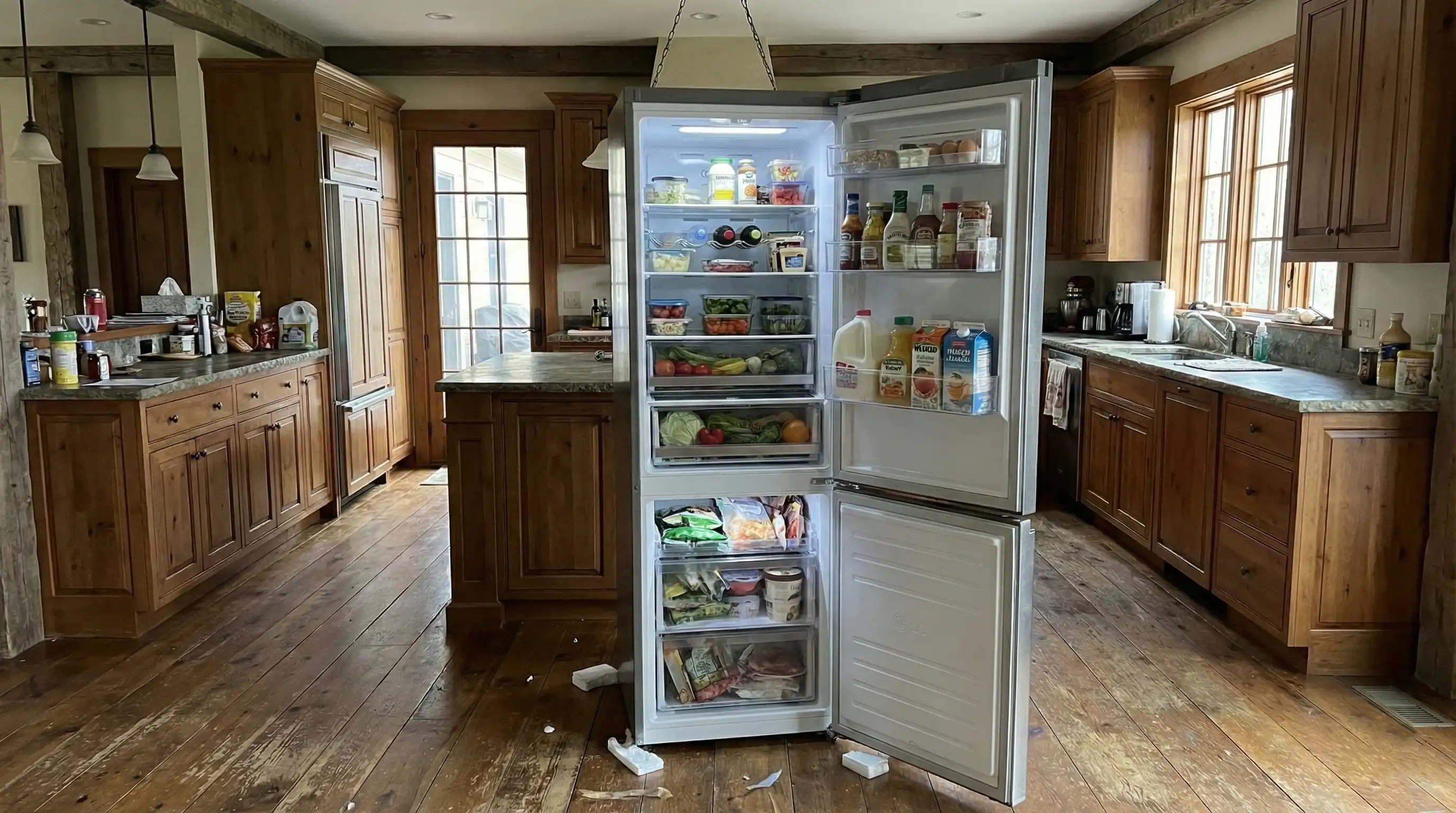 Combina frigorifică LG GBP32DSKZN deschisă, cu rafturile și sertarele vizibile