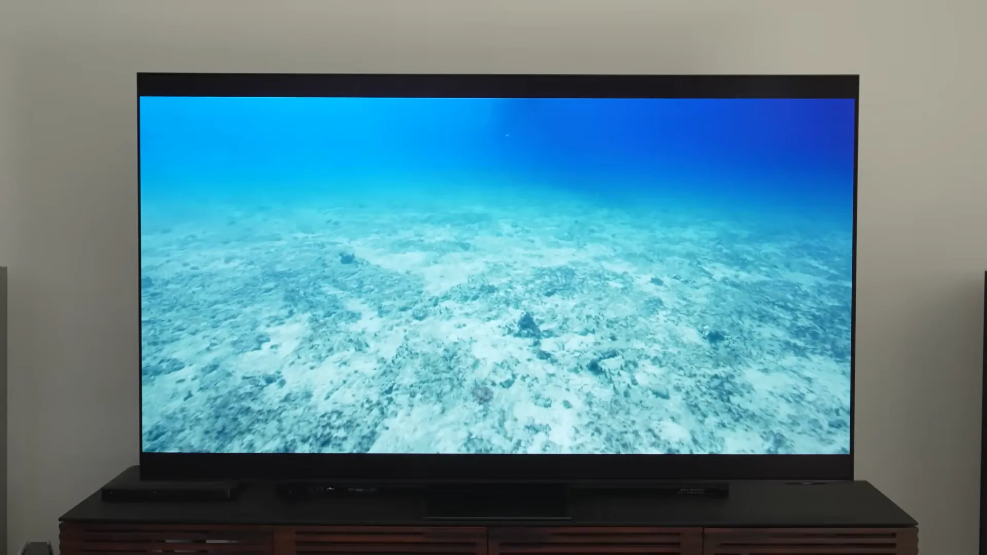 Televizor Samsung OLED 55S95F afișând un peisaj subacvatic cu apă limpede și culori vibrante în lumina zilei